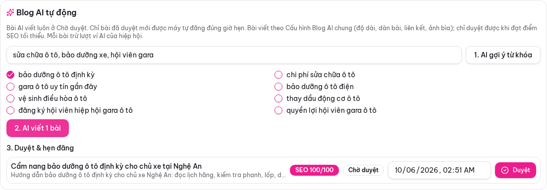 Bước 6: Blog AI: thương hiệu, từ khóa hot, viết – duyệt – đăng