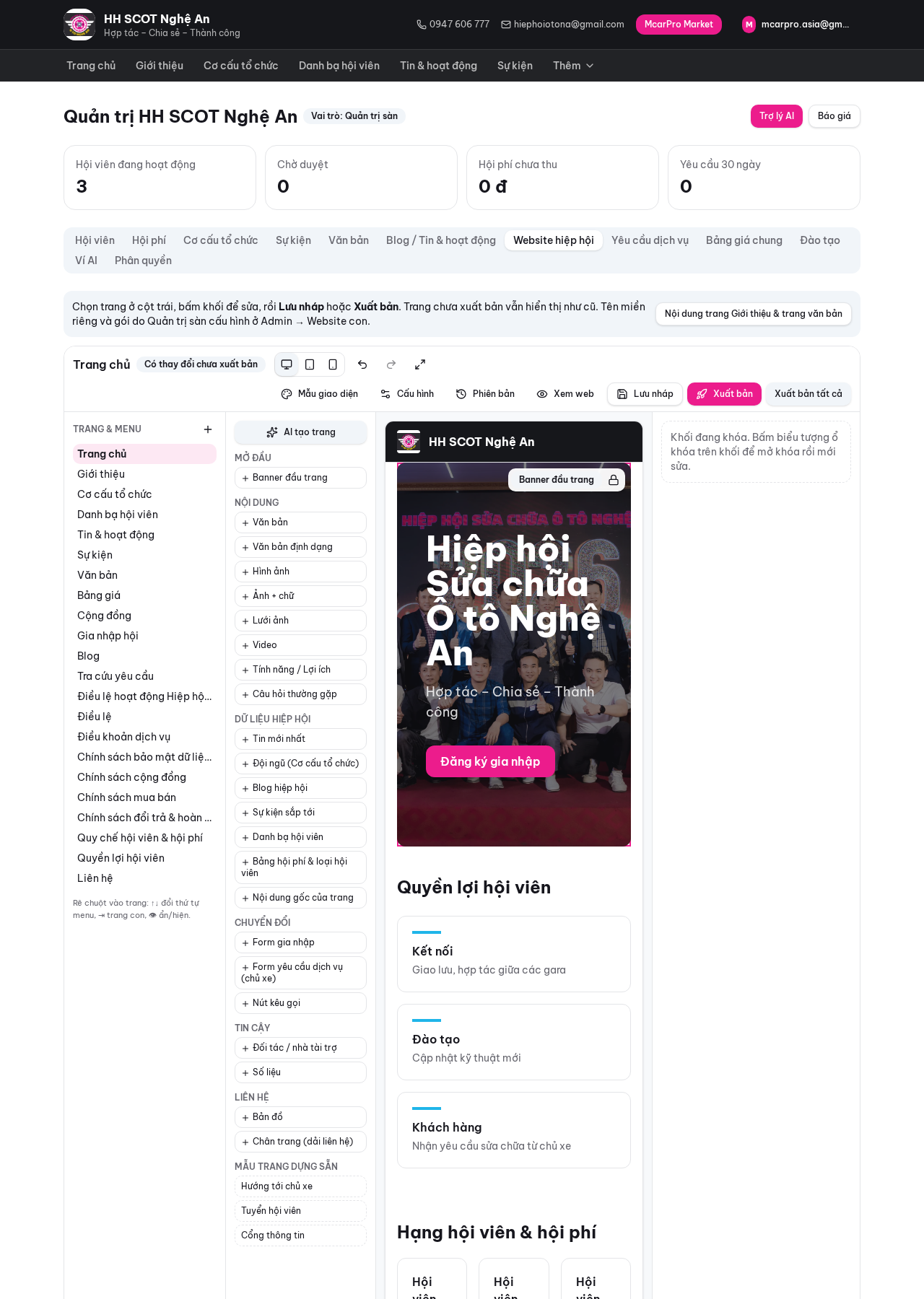 Bước 7: Website hiệp hội: trang & menu, khối kéo-thả, AI, xuất bản, SEO và cấu hình