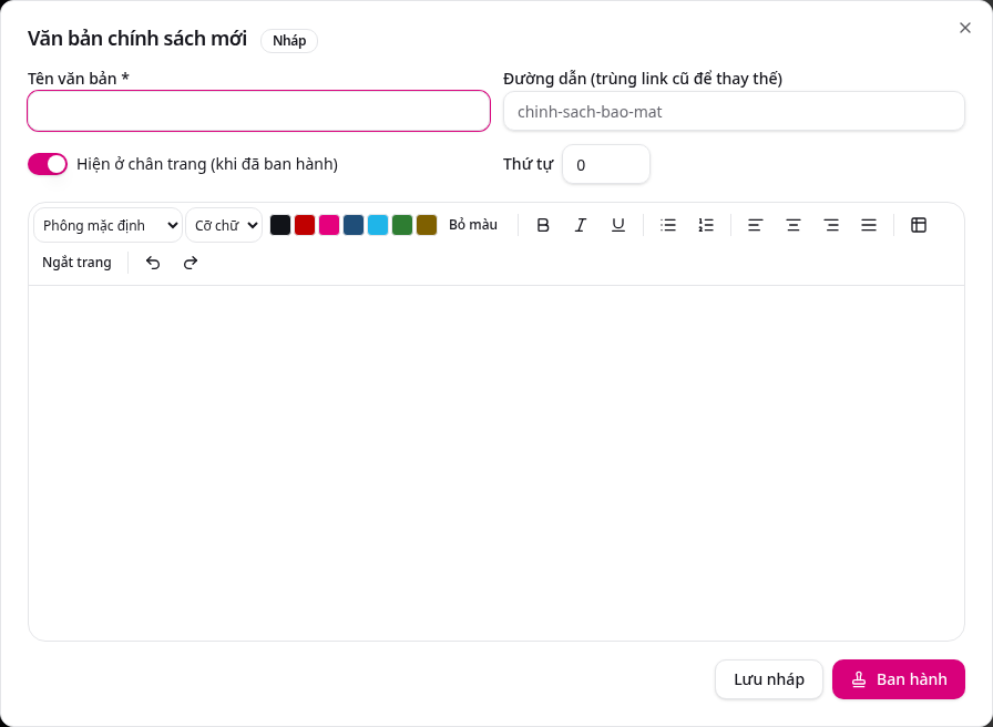 Bước 2: Văn bản chính sách cửa hàng & sàn: Nháp → Ban hành → chân trang