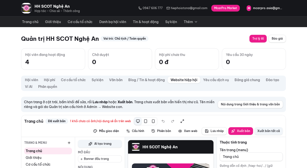 Bước 8: Website hiệp hội: trang & menu, khối kéo-thả, AI, xuất bản, SEO và cấu hình