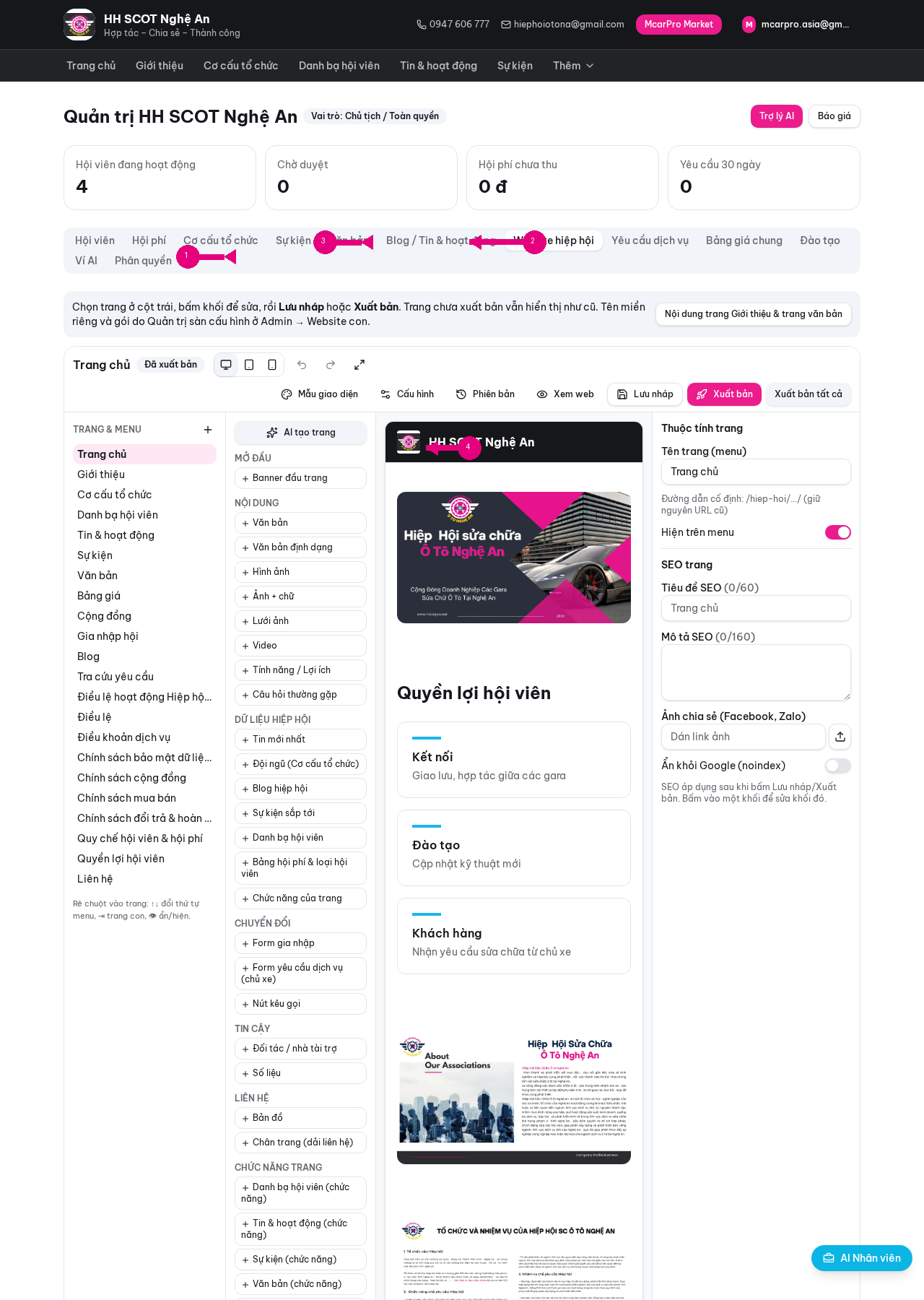 Bước 9: Website hiệp hội: trang & menu, khối kéo-thả, AI, xuất bản, SEO và cấu hình